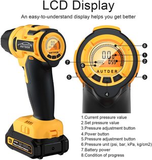 AUTDER Cordless Tyre Inflator's LCD screen.