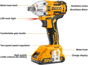 INGCO 20V Impact Wrench with annotations.