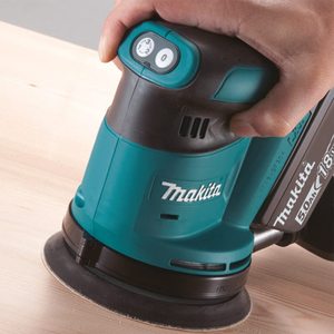 Close up view of the Makita DBO180Z Cordless Orbital Sander.