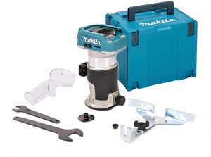 Makita DRT50ZJ Router with accessories.