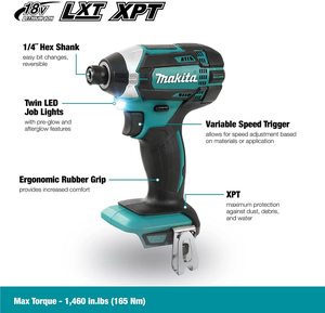 Makita DTD152Z Impact Driver with annotations.