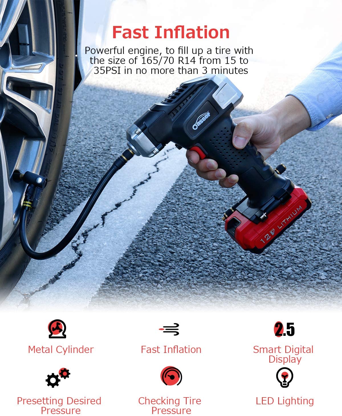 Oasser Portable Air Compressor's features.