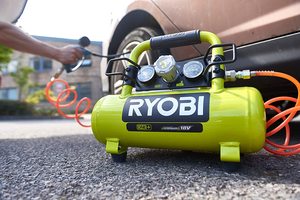 Close up view of the Ryobi R18AC-0 Cordless Air Compressor.