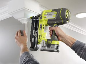 Ryobi R18N16G-0 ONE+ 16G AirStrike Nailer in use.