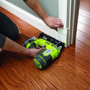 Ryobi R18N16G-0 ONE+ 16G AirStrike Nailer in use.