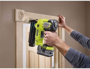 Ryobi R18N18G-0 ONE+ 18G AirStrike Nailer in use.