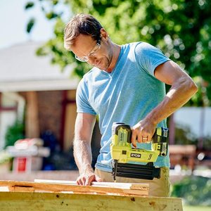 Ryobi R18N18G-0 ONE+ 18G AirStrike Nailer in use.