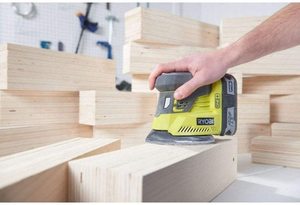 Ryobi R18PS-0 Cordless Palm Sander in use.