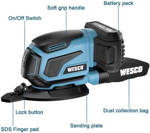 WESCO Cordless Detail Sander with annotations.